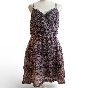 Floral Black and Pink Tiered Ruffle Mini Dress Size XL NWT